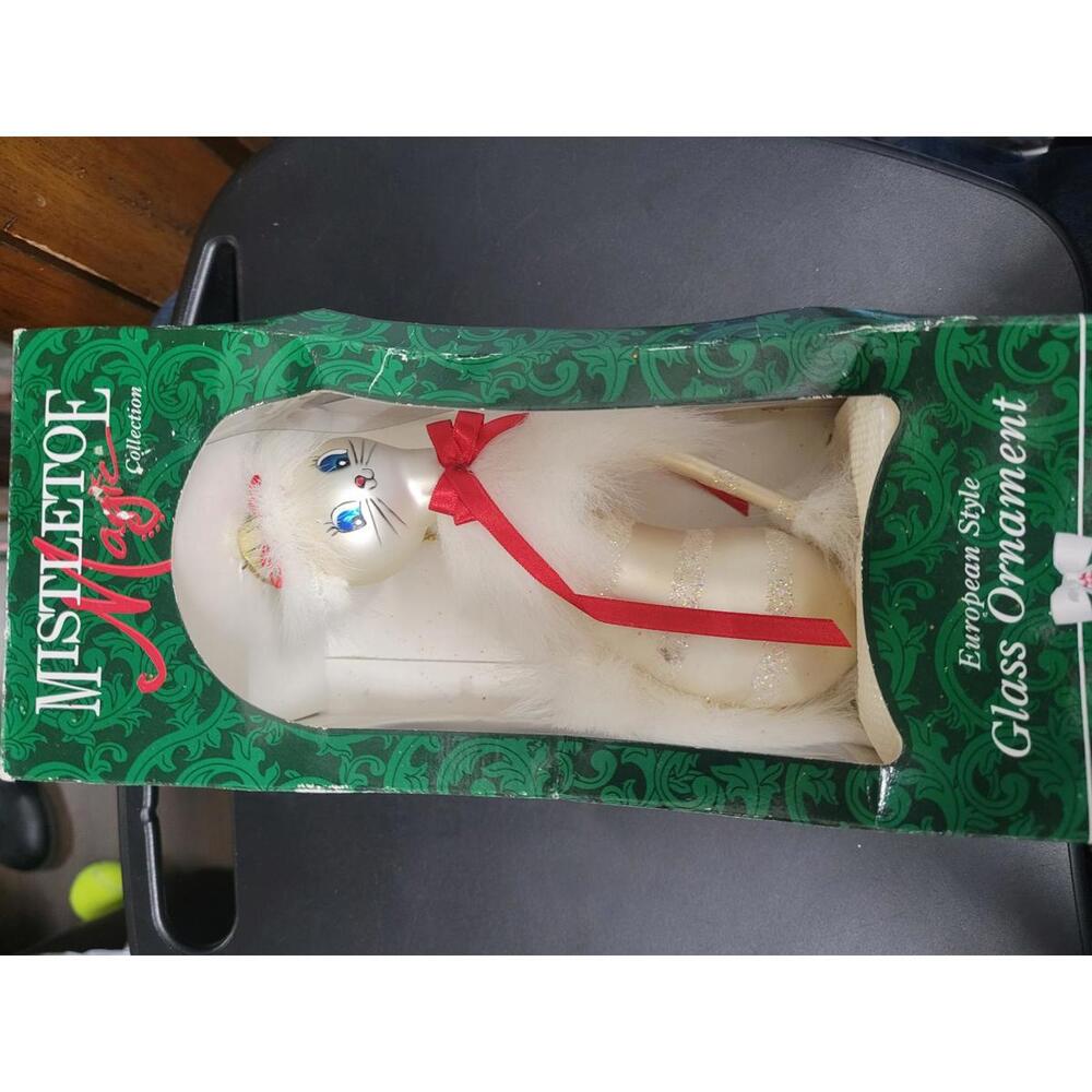 European Style Glass Cat Ornament with Red Bow